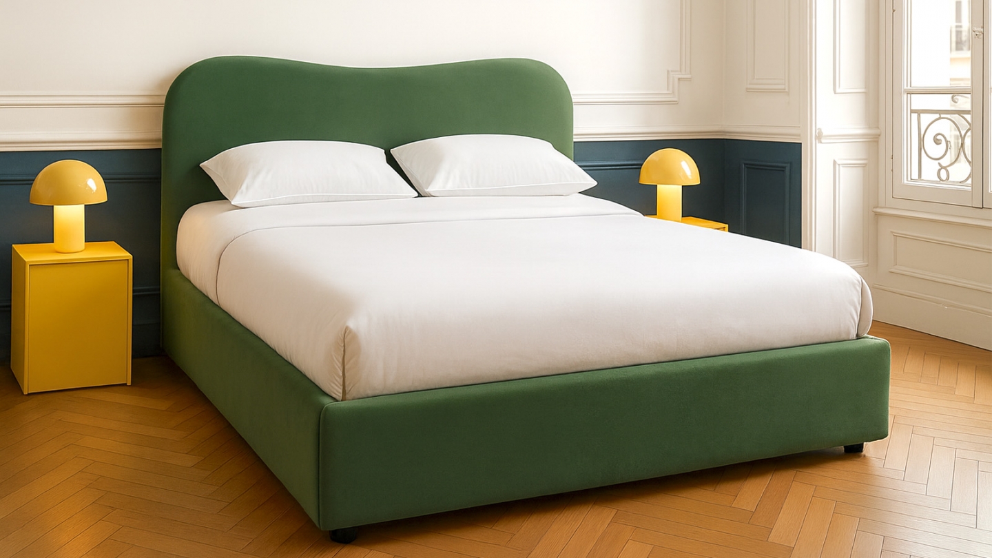 Lit coffre adulte 140x190 cm avec tête le lit matelassée en velours vert clair - Suzon