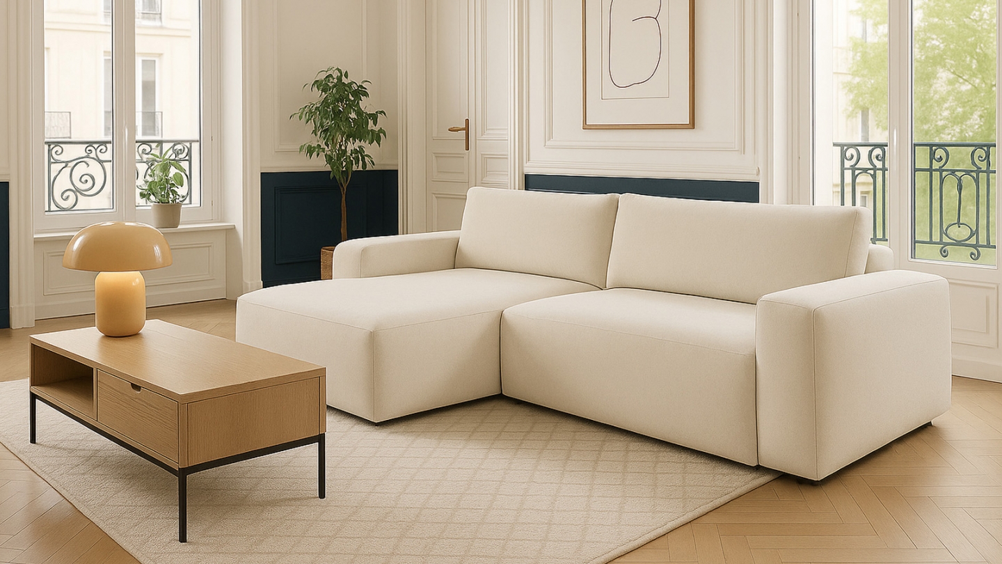 Canapé d'angle gauche convertible 3 places en tissu chenille beige - Sonny