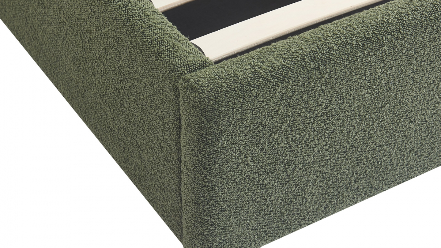 Lit coffre adulte 140x190 cm avec tête de lit matelassée en tissu bouclé vert - Suzon