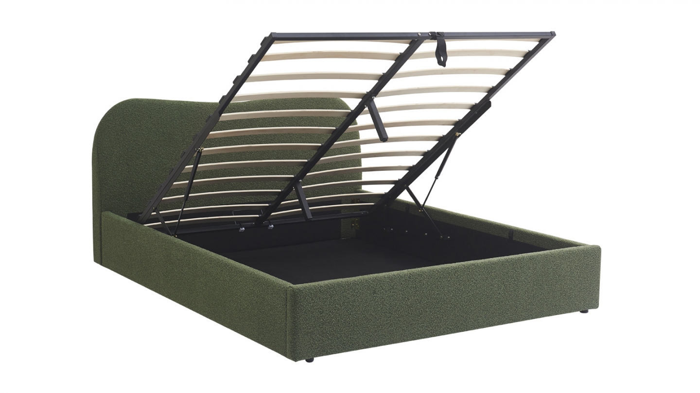 Lit coffre adulte 140x190 cm avec tête de lit matelassée en tissu bouclé vert - Suzon