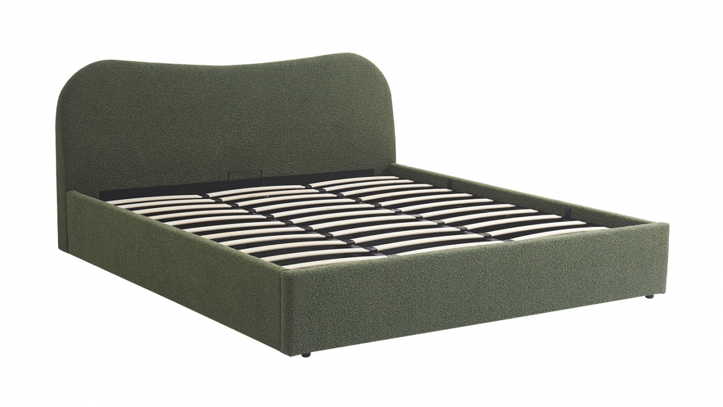 Lit coffre adulte 180x200 cm avec tête de lit matelassée en tissu bouclé vert - Suzon