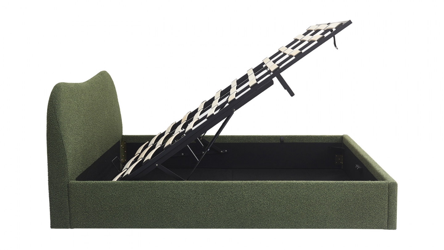 Lit coffre adulte 180x200 cm avec tête de lit matelassée en tissu bouclé vert - Suzon