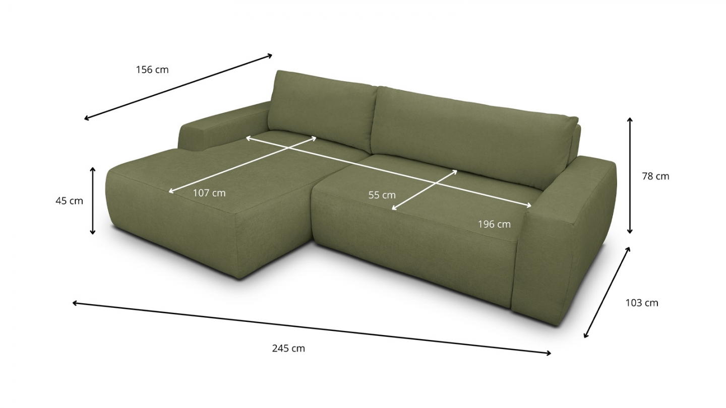 Canapé d'angle gauche convertible 3 places en tissu chenille vert olive - Sonny