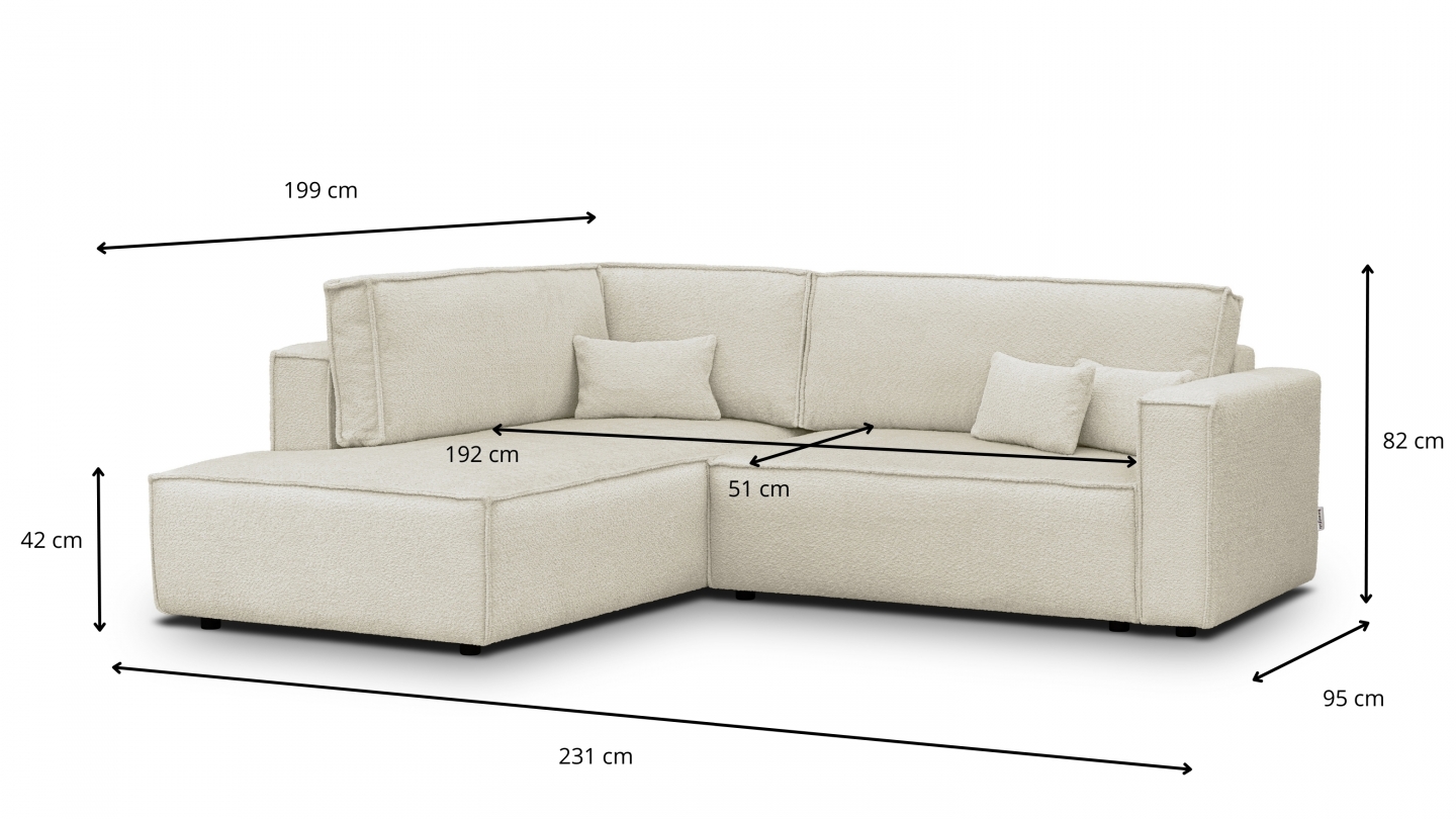 Canapé d'angle ouvert à gauche convertible 3 places en tissu bouclé beige - Emma