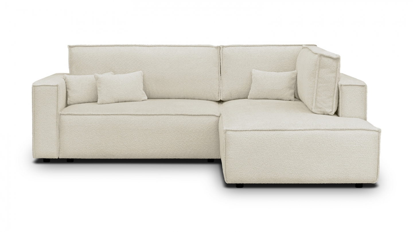 Canapé d'angle ouvert à droite convertible 3 places en tissu bouclé beige - Emma