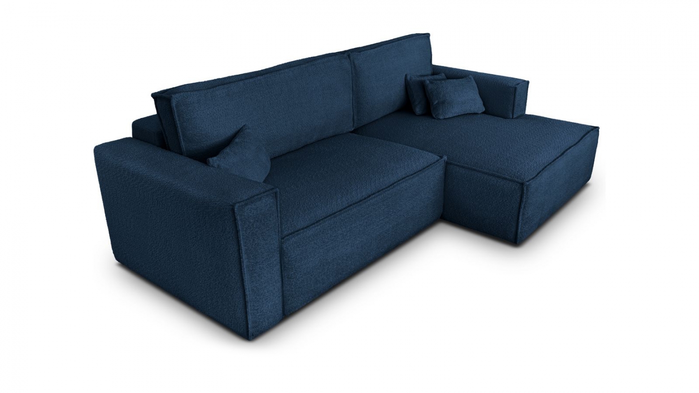 Canapé d'angle à droite convertible 3 places en tissu bouclé bleu foncé - Asti