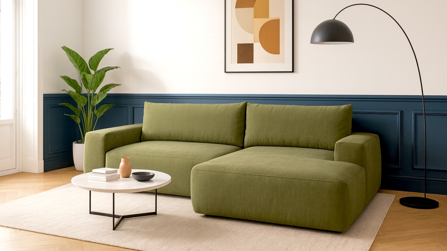 Canapé d'angle droit convertible 3 places en tissu chenille vert olive - Sonny Canapé d'angle droit convertible 3 places en tissu chenille vert olive - Sonny