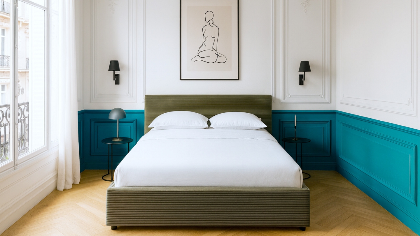 Lit coffre adulte 140x190 cm avec tête de lit capitonnée en velours côtelé vert et sommier - Tina