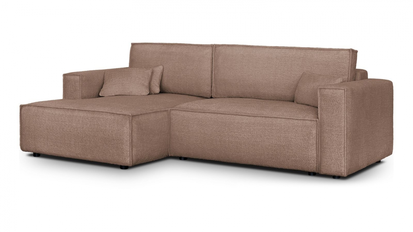 Canapé d'angle à gauche convertible 3 places en tissu bouclé rose poudré - Asti