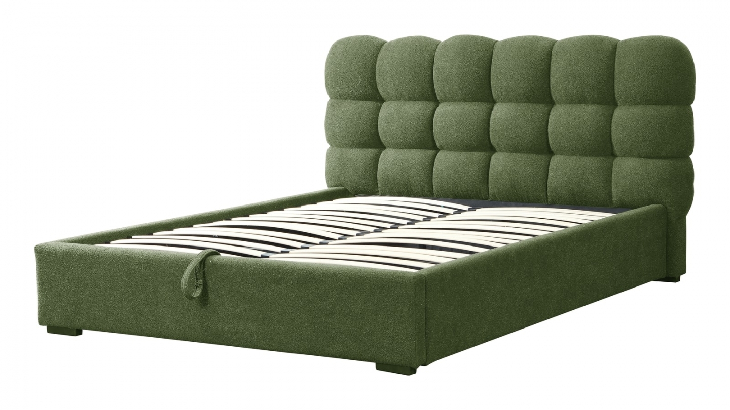 Lit coffre adulte 140x190 cm avec sommier et tête de lit capitonnée en tissu bouclé vert - Lola