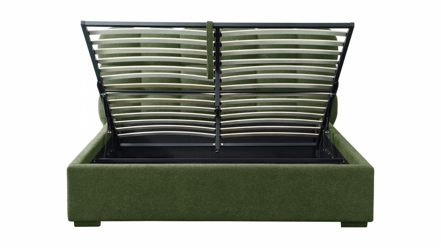Lit coffre adulte 160x200 cm avec sommier et tête de lit capitonnée en tissu bouclé vert - Lola