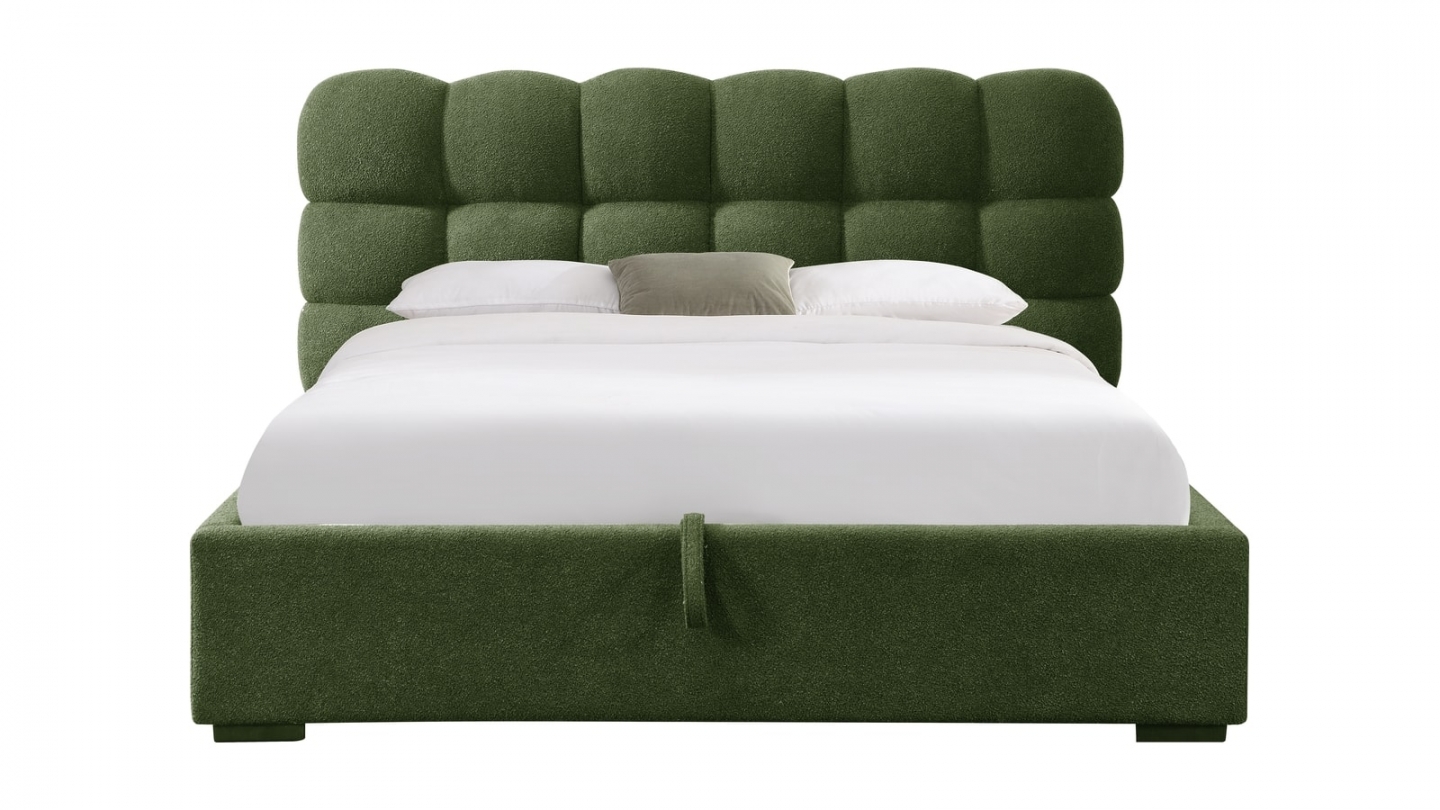 Lit coffre adulte 160x200 cm avec sommier et tête de lit capitonnée en tissu bouclé vert - Lola