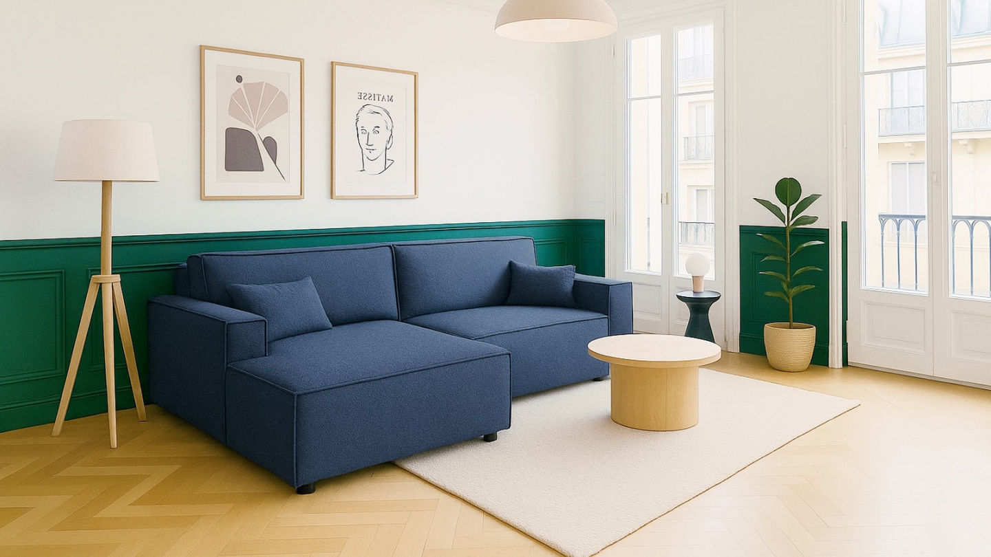 Canapé d'angle à gauche convertible 3 places en tissu bouclé bleu foncé - Asti Canapé d'angle à gauche convertible 3 places en tissu bouclé bleu foncé - Asti