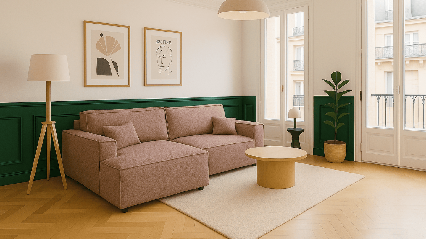 Canapé d'angle à gauche convertible 3 places en tissu bouclé rose poudré - Asti