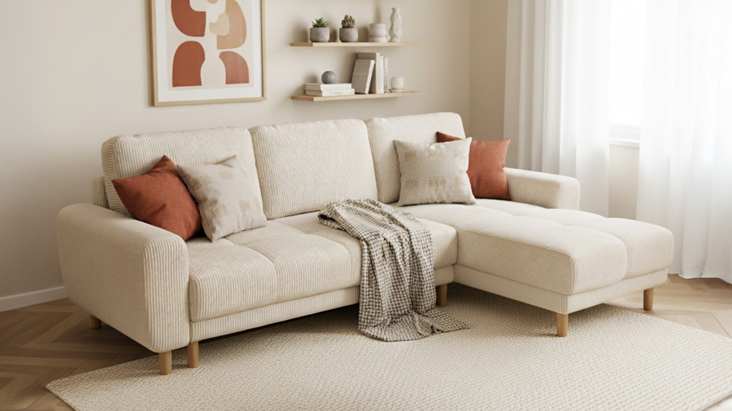 Canapé d'angle convertible réversible 3/4 places en velours côtelé beige - Alva