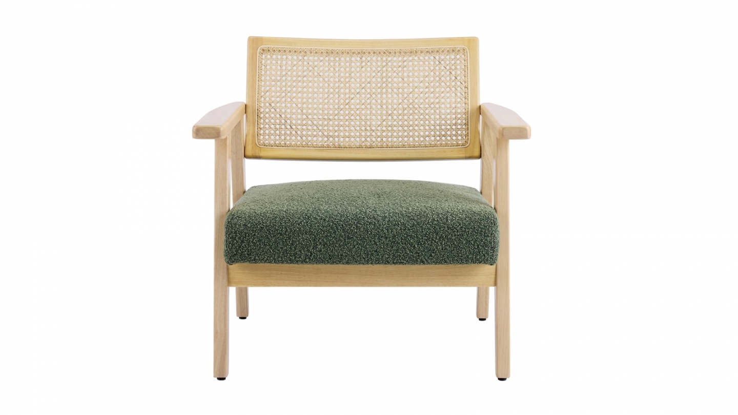 Fauteuil en tissu bouclé vert et cannage naturel - Tim