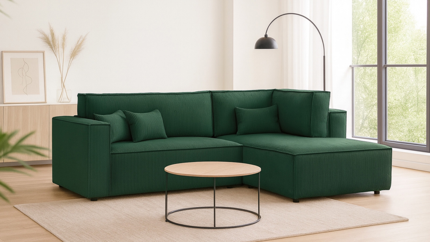 Canapé d'angle ouvert à droite convertible 3 places en velours côtelé vert - Emma Canapé d'angle ouvert à droite convertible 3 places en velours côtelé vert - Emma