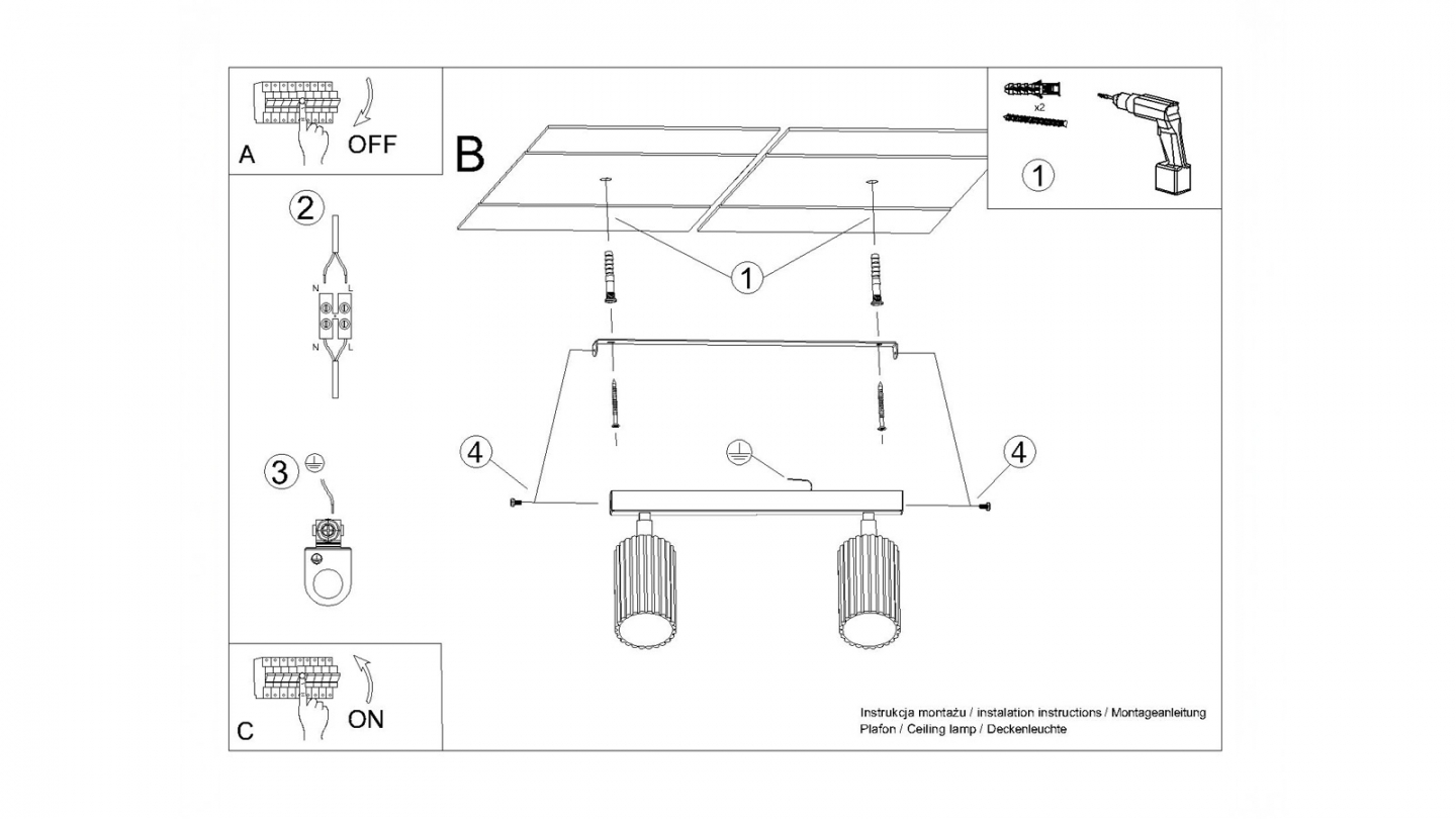 Plafonnier linéaire en aluminium cannelé 2 ampoules noir - Karbon