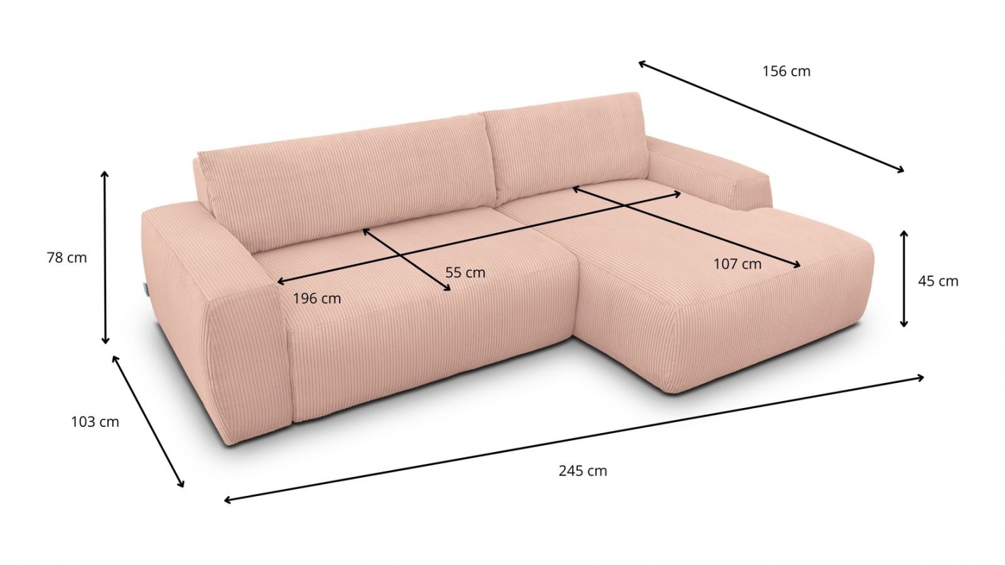 Canapé d'angle droit convertible 3 places en velours côtelé rose pâle - Sonny Canapé d'angle droit convertible 3 places en velours côtelé rose pâle - Sonny
