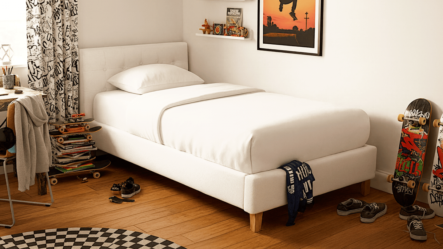 Lit adulte 90x190 cm avec tête de lit capitonnée en tissu beige - Milo