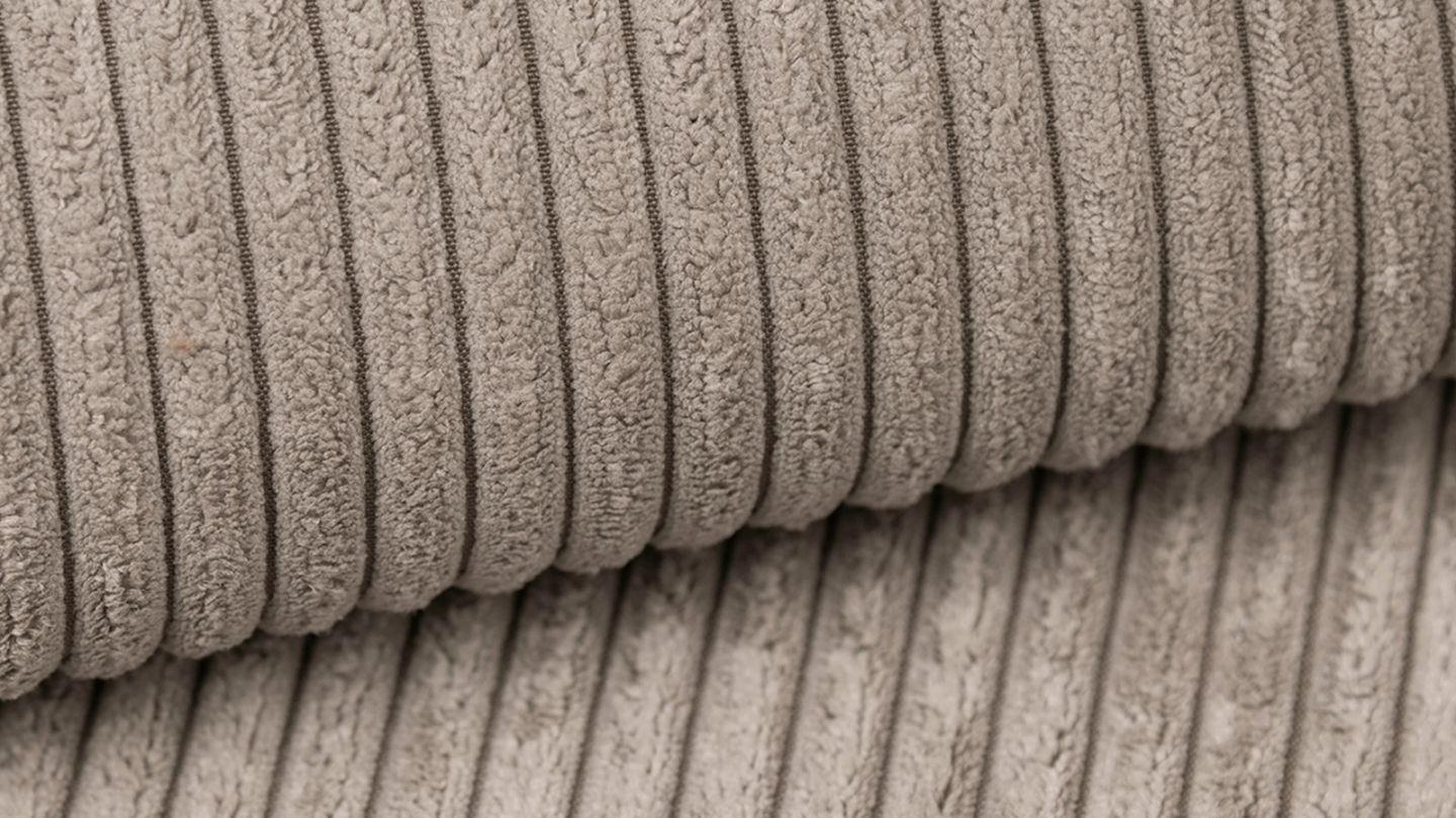 Canapé modulable panoramique 6 places avec méridienne à droite + pouf en velours côtelé taupe - Modulo New Canapé modulable panoramique 6 places avec méridienne à droite + pouf en velours côtelé taupe - Modulo New