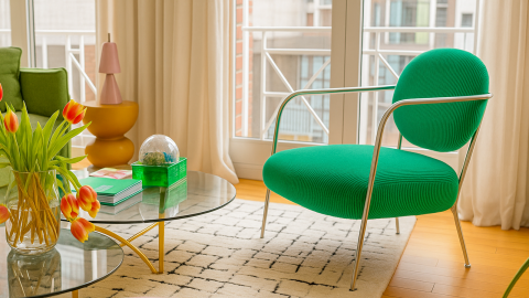 Fauteuil en velours côtelé vert électrique et piètement chromé - Léon