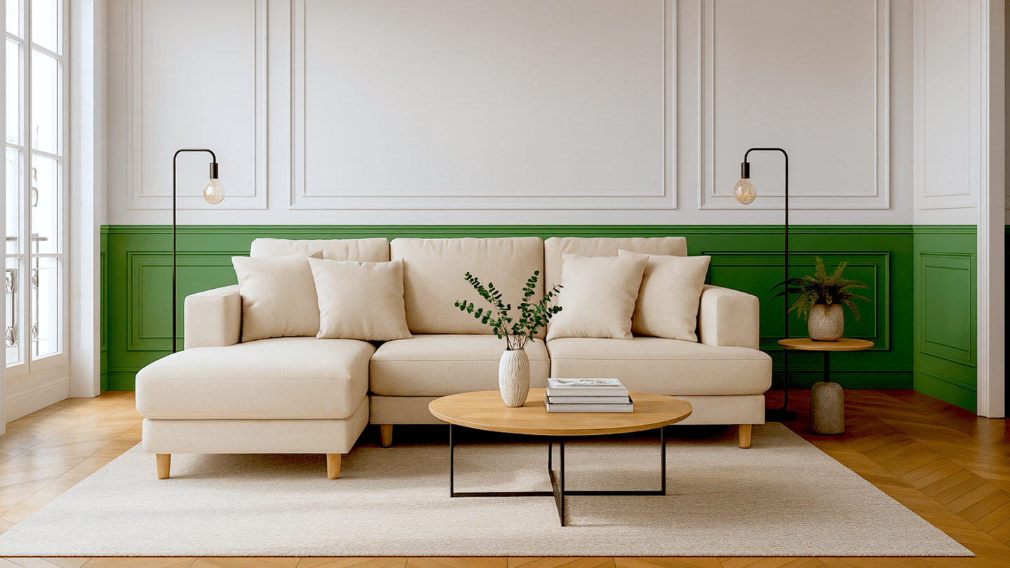 Canapé d'angle à gauche convertible 4 places en tissu chenille beige - Marceau