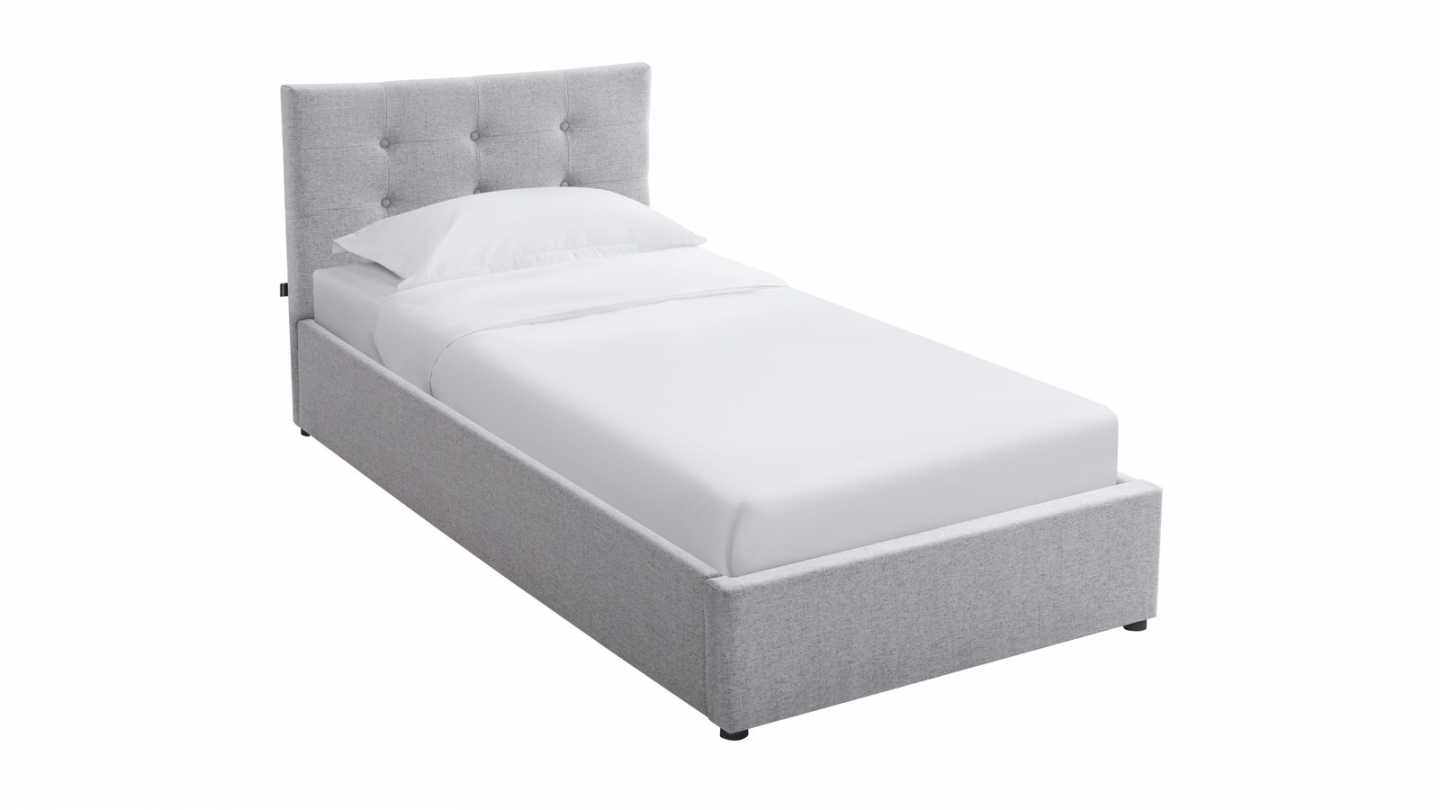 Ensemble Lit coffre adulte 90x190cm avec tête de lit en tissu gris - Tina + Matelas mémoire de forme - Memo HR