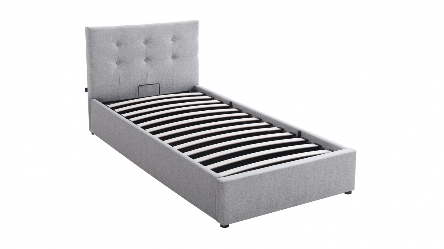 Ensemble Lit coffre adulte 90x190cm avec tête de lit en tissu gris - Tina + Matelas mémoire de forme - Memo HR
