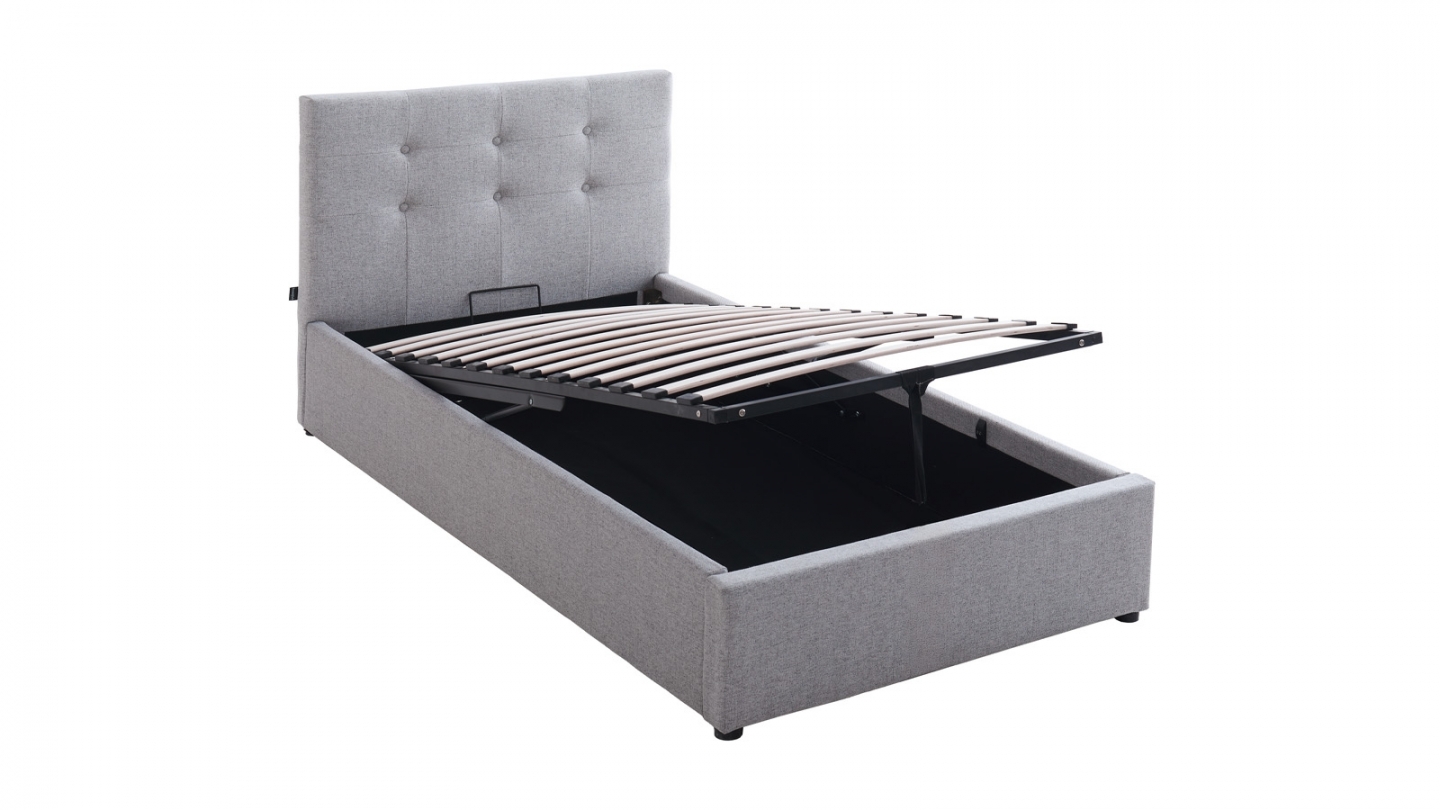 Ensemble Lit coffre adulte 90x190cm avec tête de lit en tissu gris - Tina + Matelas mémoire de forme - Memo HR