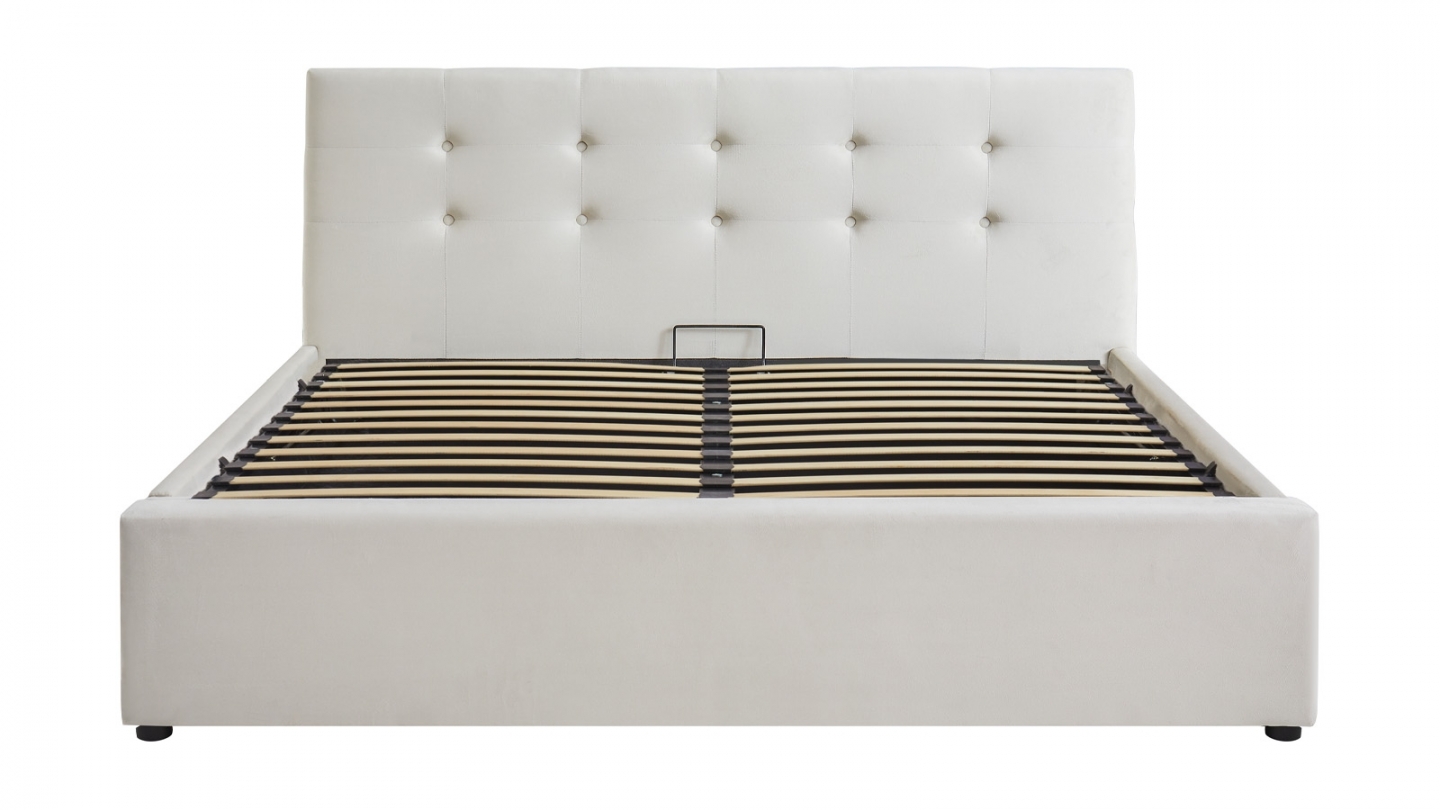 Ensemble Lit coffre adulte 140x190cm avec tête de lit en velours beige - Tina + Matelas mémoire de forme - Memo HR