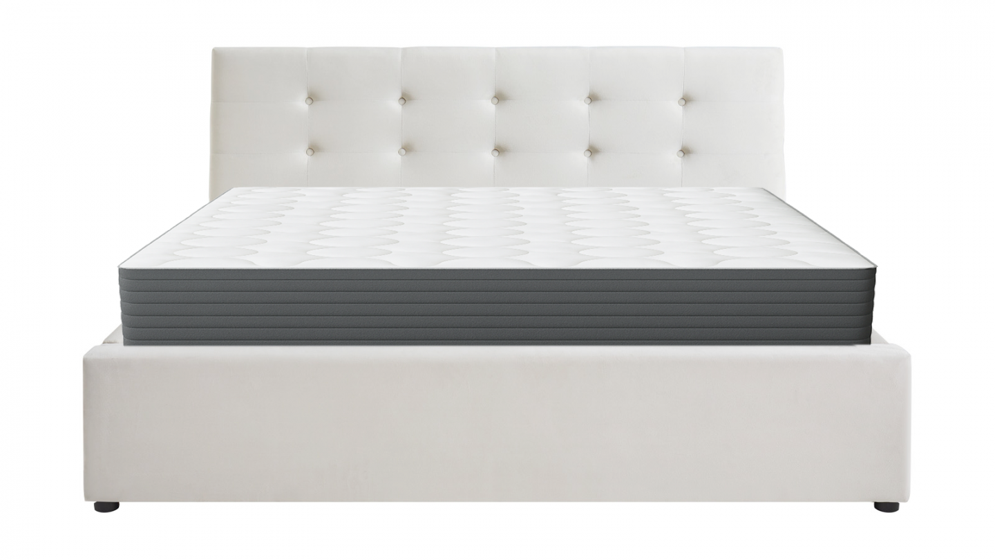Ensemble Lit coffre adulte 140x190cm avec tête de lit en velours beige - Tina + Matelas mémoire de forme - Memo HR