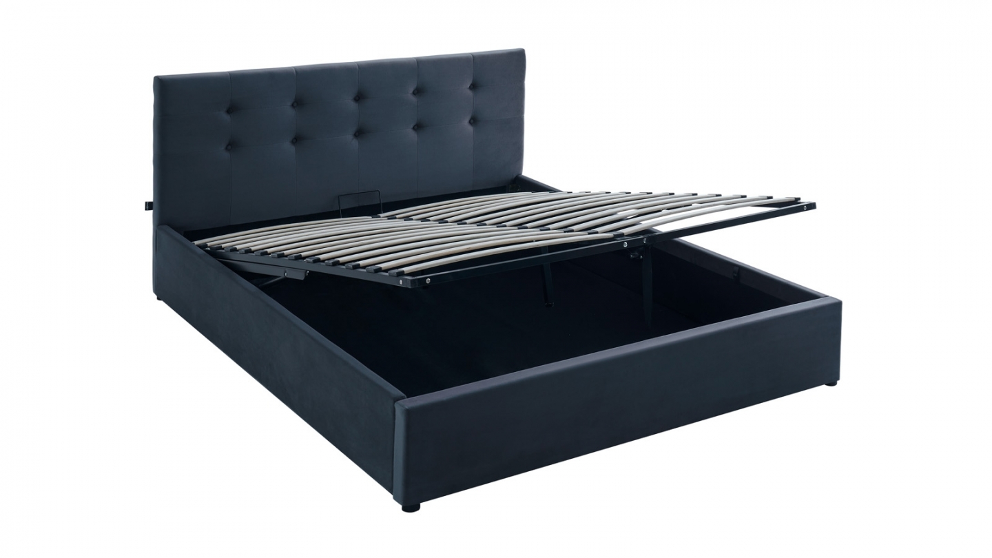 Ensemble Lit coffre adulte 140x190cm avec tête de lit en velours gris foncé - Tina + Matelas mémoire de forme - Memo HR
