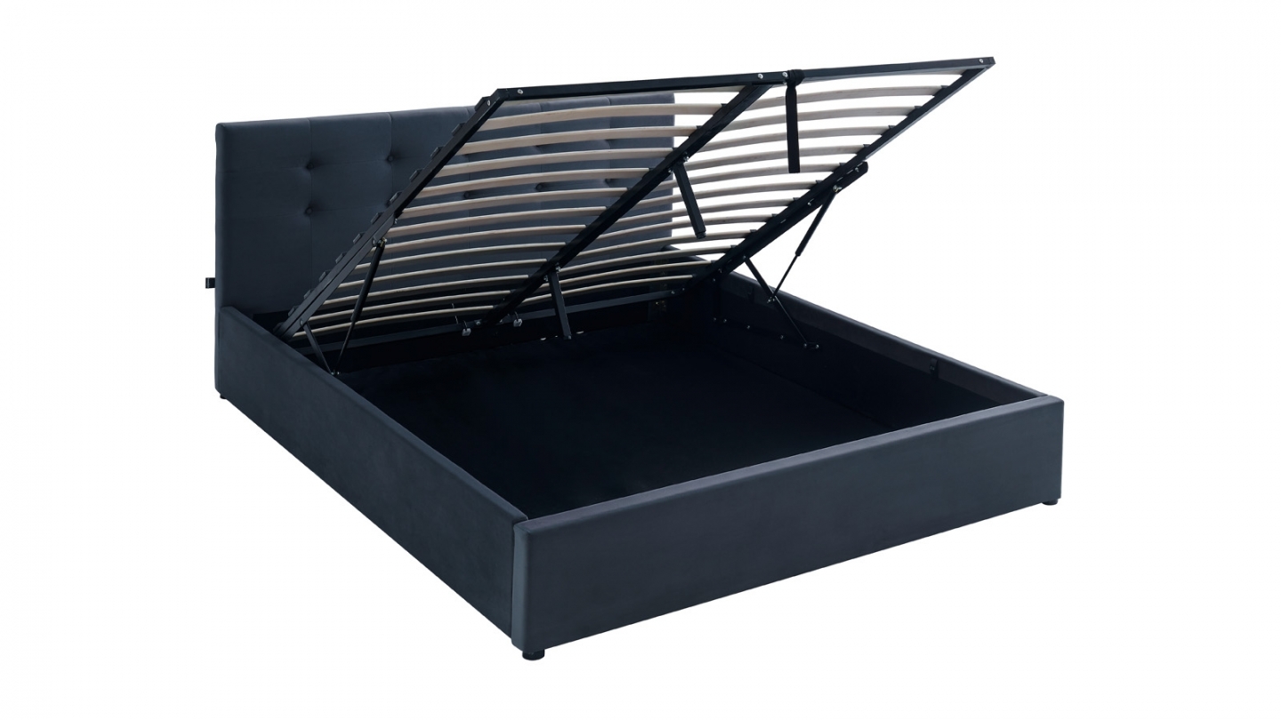 Ensemble Lit coffre adulte 140x190cm avec tête de lit en velours gris foncé - Tina + Matelas mémoire de forme - Memo HR