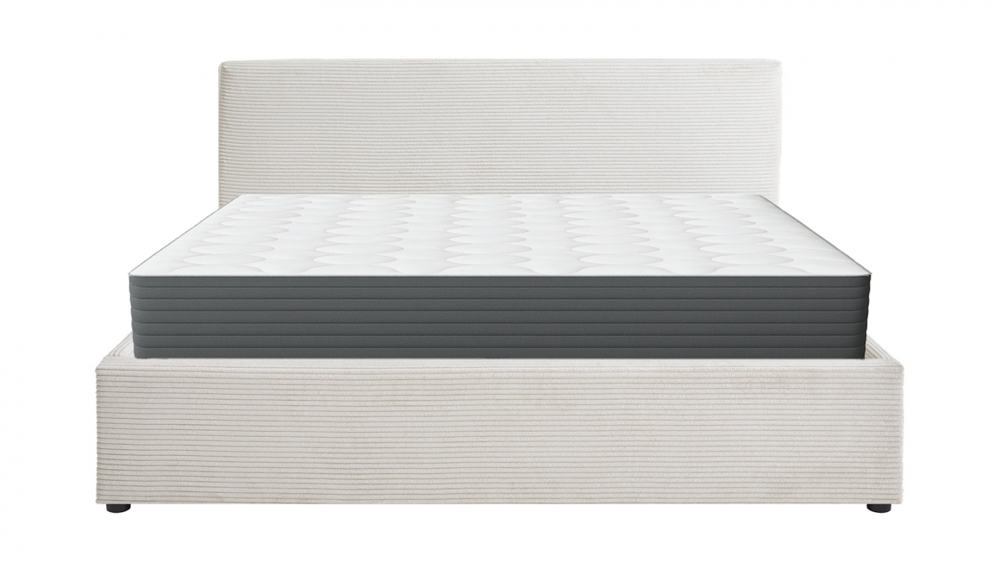 Ensemble Lit coffre adulte 140x190cm avec tête de lit en velours côtelé beige - Tina + Matelas mémoire de forme - Memo HR