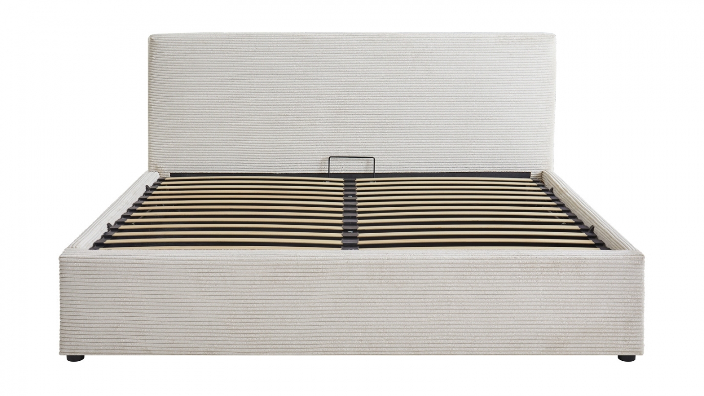 Ensemble Lit coffre adulte 140x190cm avec tête de lit en velours côtelé beige - Tina + Matelas mémoire de forme - Memo HR