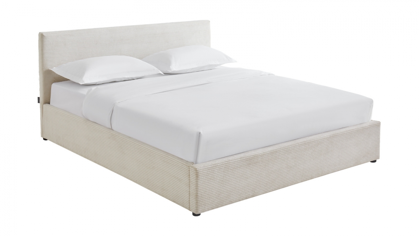 Ensemble Lit coffre adulte 140x190cm avec tête de lit en velours côtelé beige - Tina + Matelas mémoire de forme - Memo HR