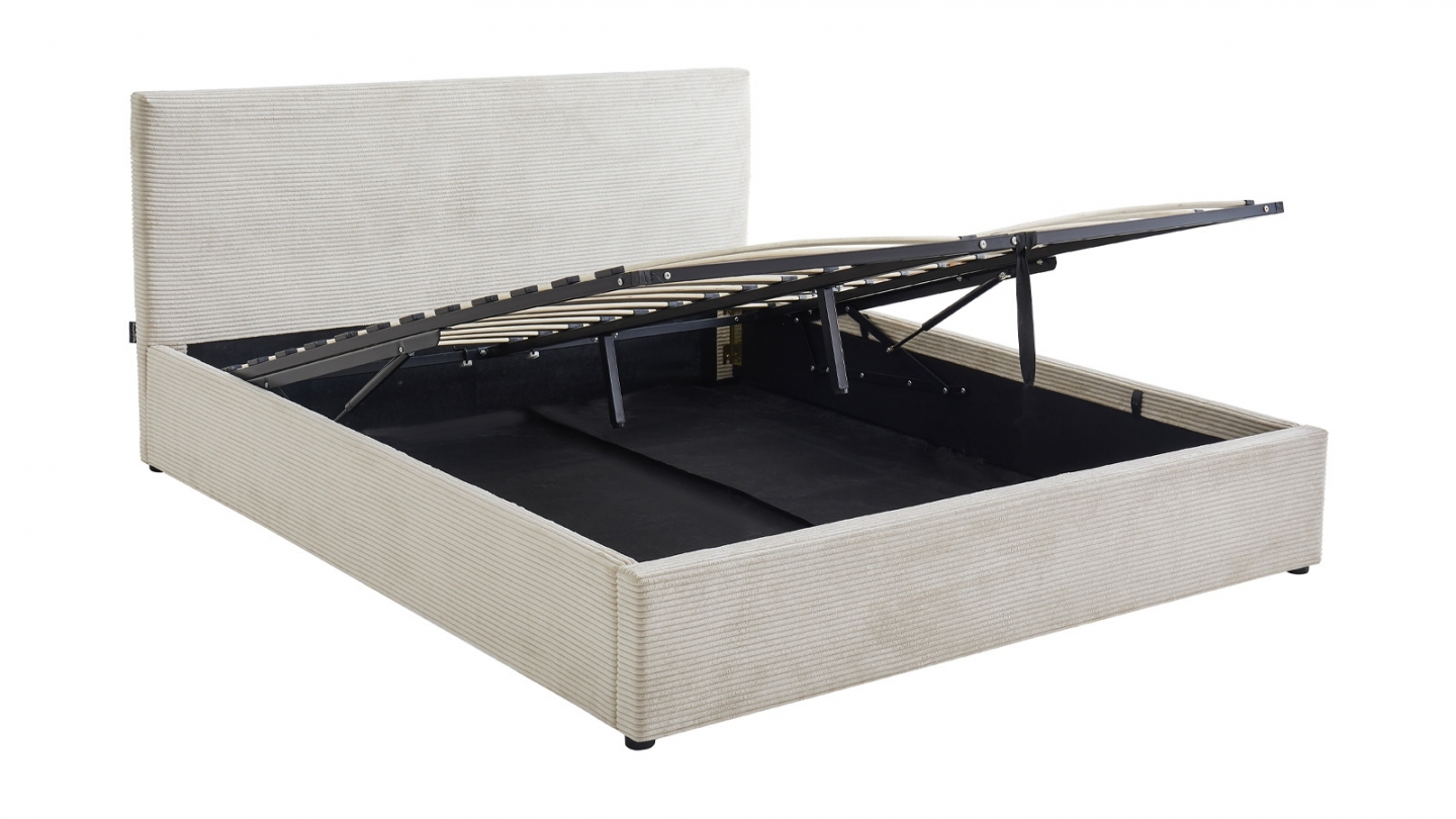 Ensemble Lit coffre adulte 140x190cm avec tête de lit en velours côtelé beige - Tina + Matelas mémoire de forme - Memo HR