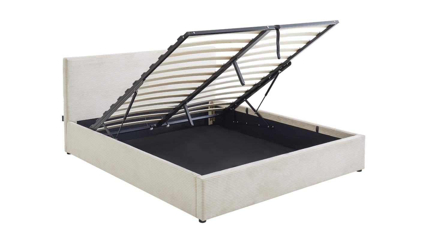 Ensemble Lit coffre adulte 140x190cm avec tête de lit en velours côtelé beige - Tina + Matelas mémoire de forme - Memo HR
