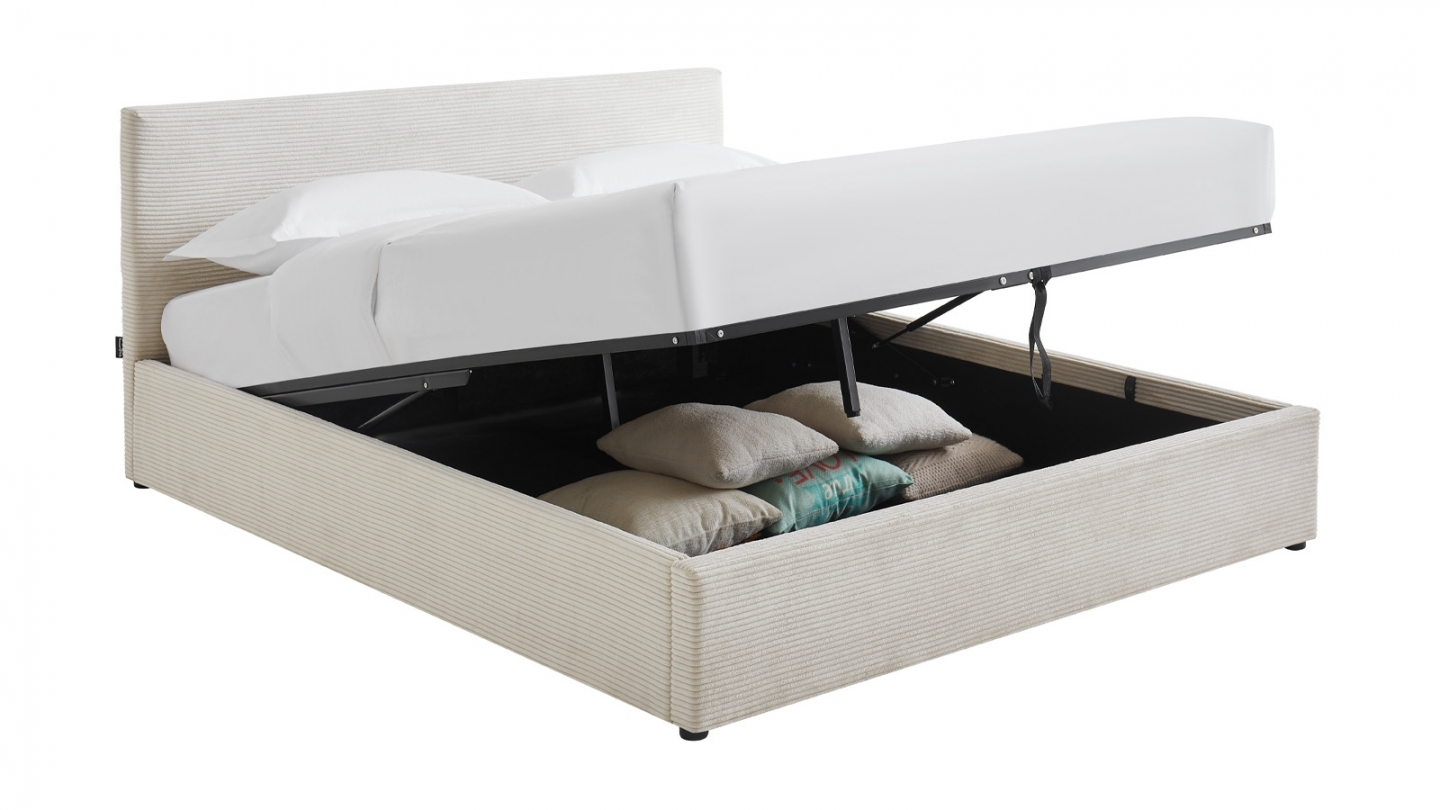 Ensemble Lit coffre adulte 160x200cm avec tête de lit en velours côtelé beige - Tina + Matelas mémoire de forme - Memo HR