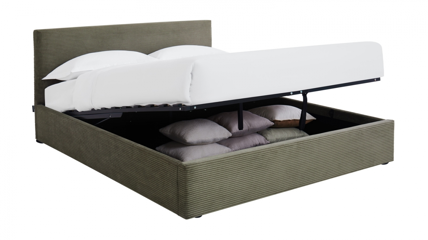 Ensemble Lit coffre adulte 140x190cm avec tête de lit en velours côtelé vert - Tina + Matelas mémoire de forme - Memo HR