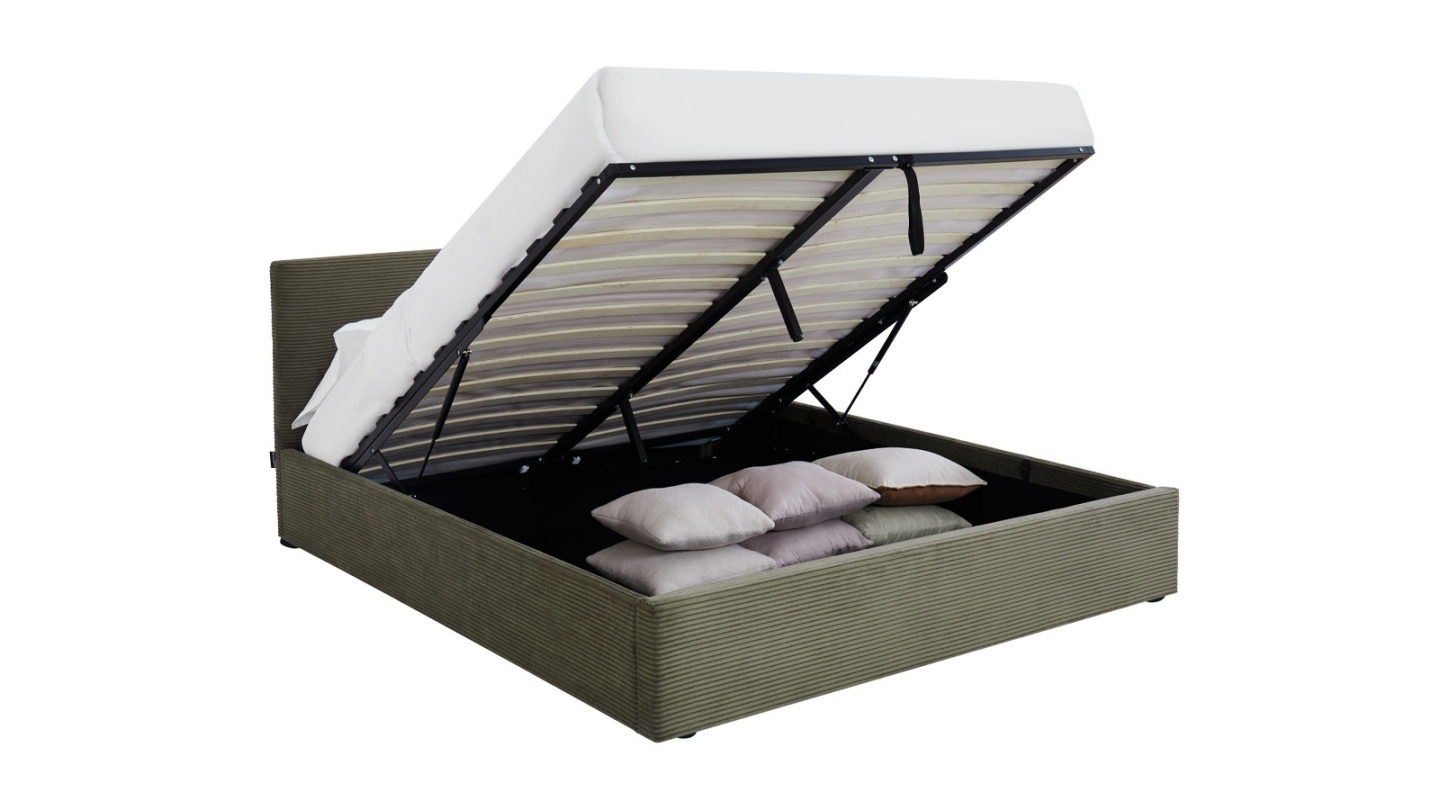 Ensemble Lit coffre adulte 140x190cm avec tête de lit en velours côtelé vert - Tina + Matelas mémoire de forme - Memo HR
