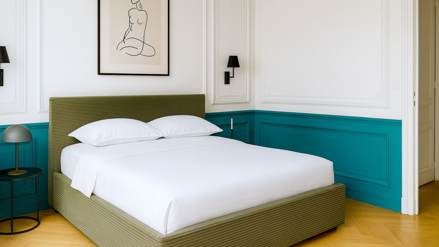 Ensemble Lit coffre adulte 140x190cm avec tête de lit en velours côtelé vert - Tina + Matelas mémoire de forme - Memo HR