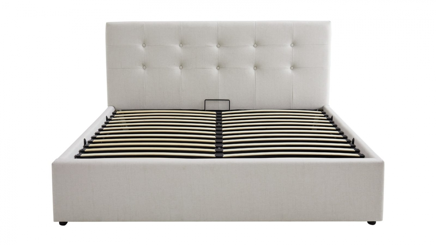 Ensemble Lit coffre adulte 140x190cm avec tête de lit en tissu beige - Tina + Matelas mémoire de forme - Memo HR