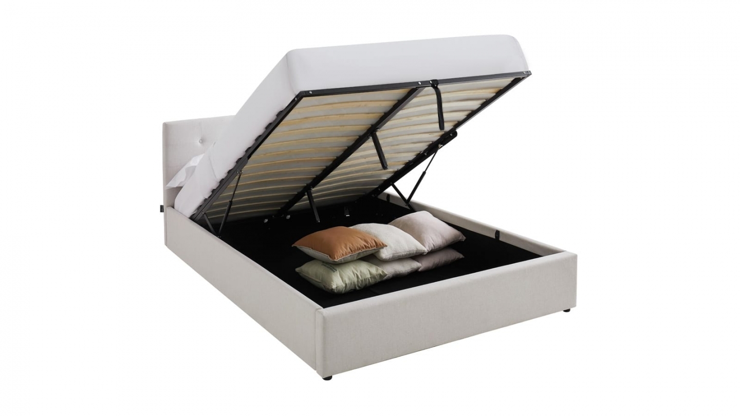 Ensemble Lit coffre adulte 140x190cm avec tête de lit en tissu beige - Tina + Matelas mémoire de forme - Memo HR