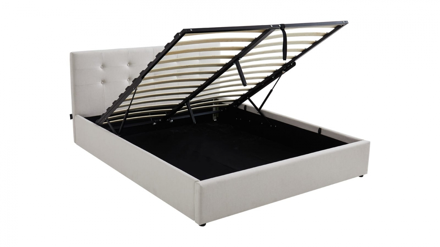 Ensemble Lit coffre adulte 140x190cm avec tête de lit en tissu beige - Tina + Matelas mémoire de forme - Memo HR