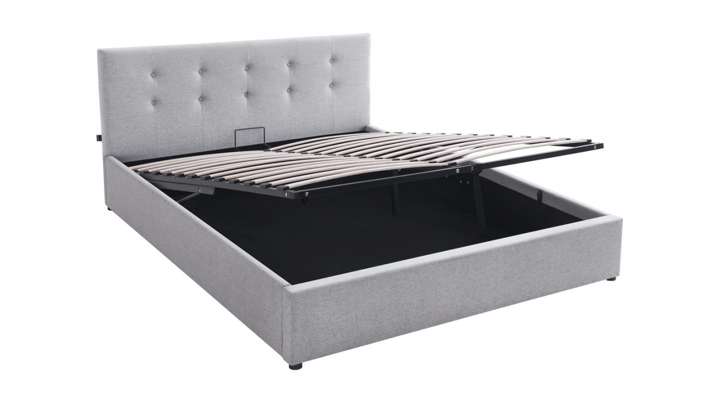 Ensemble Lit coffre adulte 160x200cm avec tête de lit en tissu gris - Tina + Matelas mémoire de forme - Memo HR
