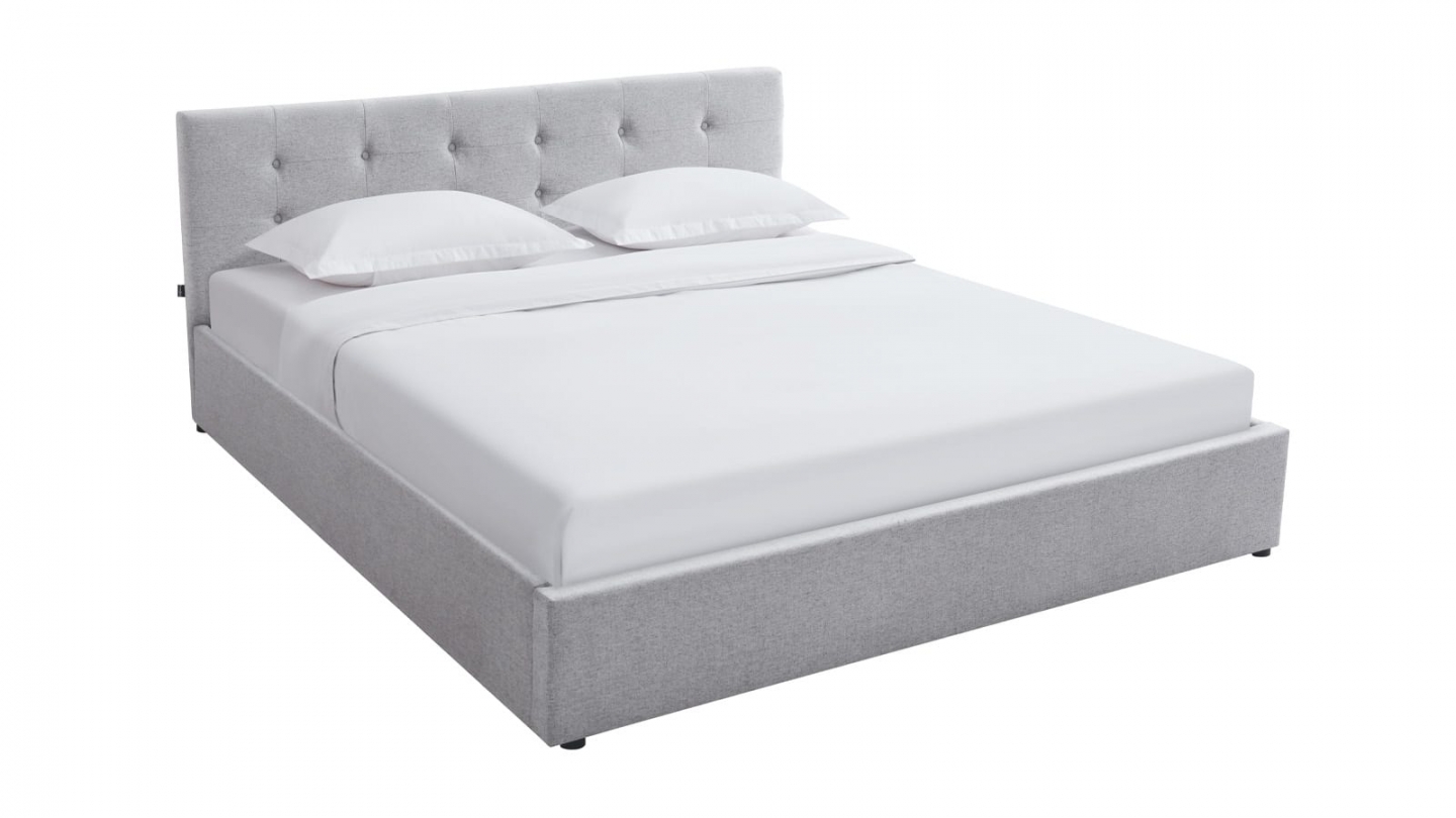 Ensemble Lit coffre adulte 160x200cm avec tête de lit en tissu gris - Tina + Matelas mémoire de forme - Memo HR