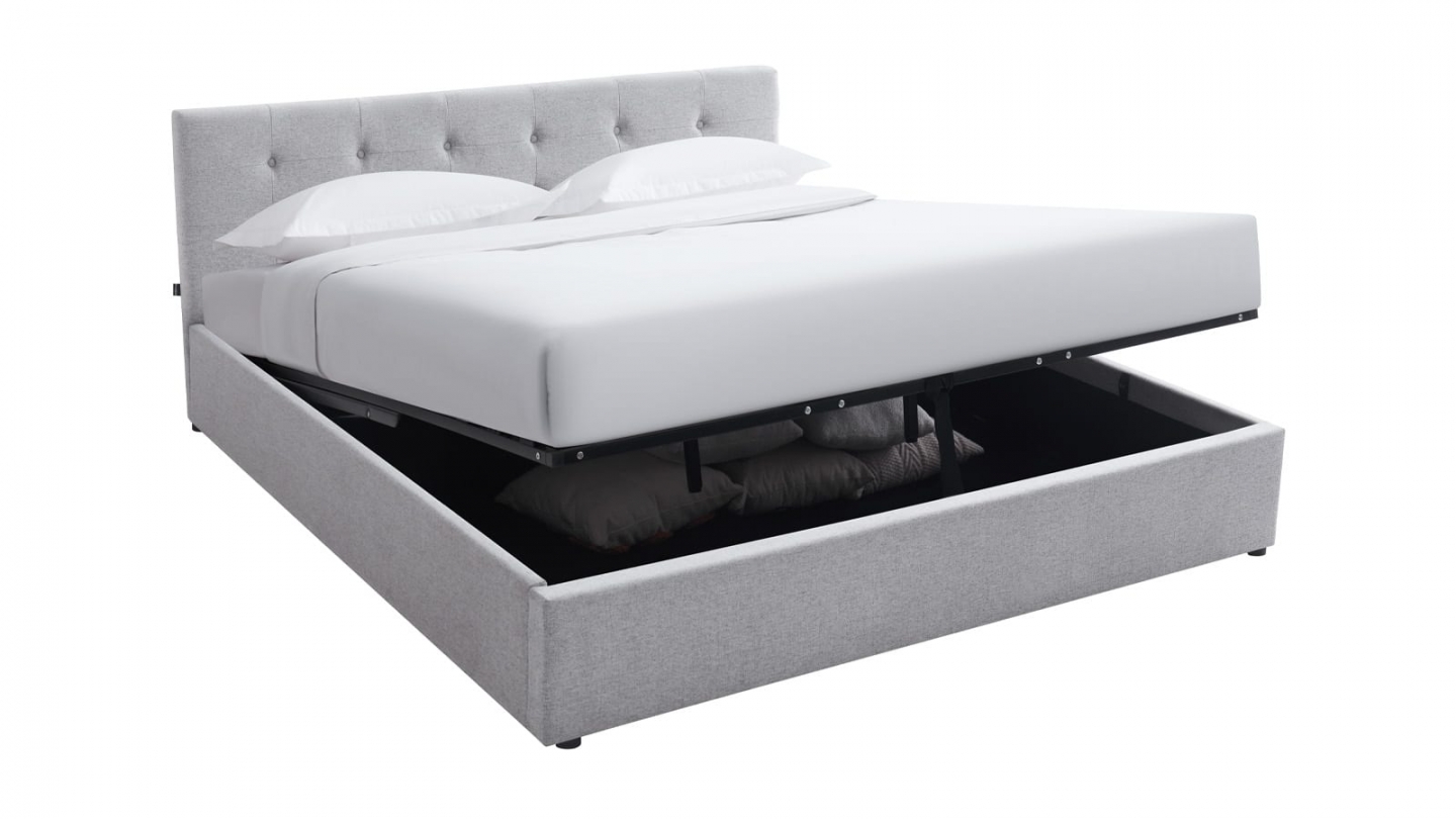 Ensemble Lit coffre adulte 160x200cm avec tête de lit en tissu gris - Tina + Matelas mémoire de forme - Memo HR