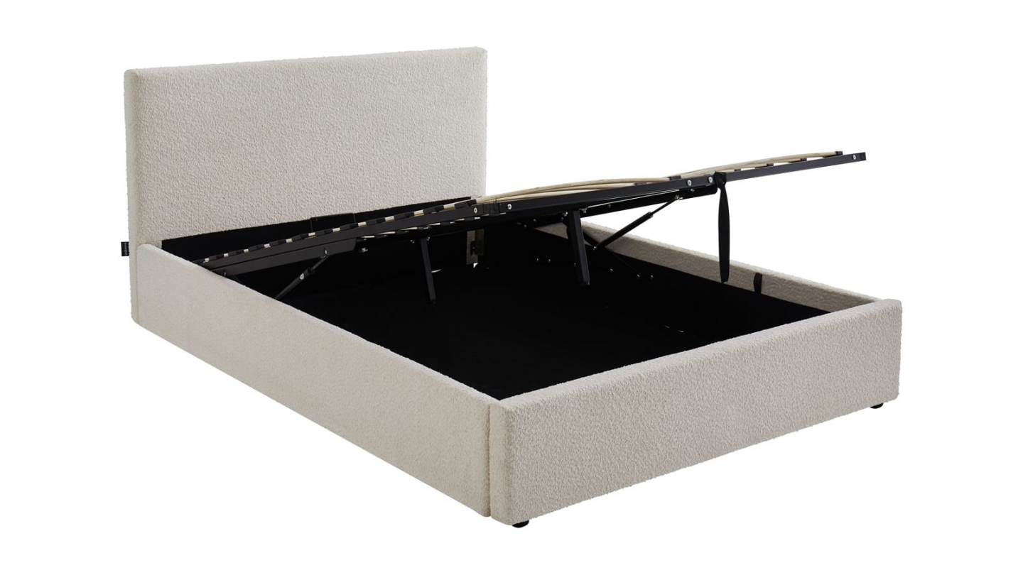 Ensemble Lit coffre adulte 140x190cm avec tête de lit en tissu bouclé beige - Tina + Matelas mémoire de forme - Memo HR